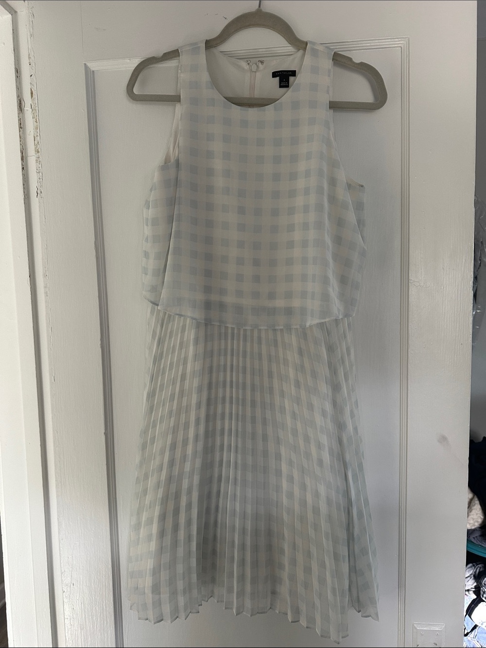 Ann Taylor Light Blue and White Gingham Pleated Dress